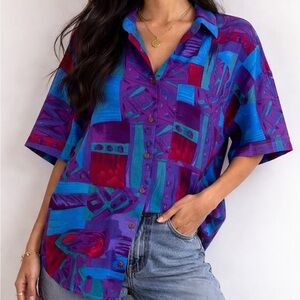 Vintage 90s Retro Purple Green Abstract Blouse Size Medium Buttons Bobbie Brooks